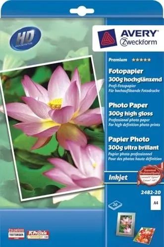 Avery-Zweckform Premium Inkjet Fotopapier 2482-20 - Hochglänzendes DIN A4 Fotopapier 300 g/m², 15 Blatt für professionelle Drucke in Laborqualität und sofort trockene Ergebnisse