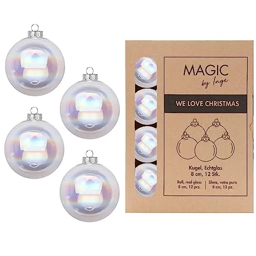Inge-glas Christbaumkugeln Set 8cm, 12 Stück Klar Irisierend - Schöne 12er Set Weihnachtsbaumkugeln aus Glas mit klar irisierendem Finish. Durchmesser: 8 cm. Ideal für festliche Dekoration und vielseitig kombinierbar. Kommt in einer praktischen Kartonbox zur Aufbewahrung.