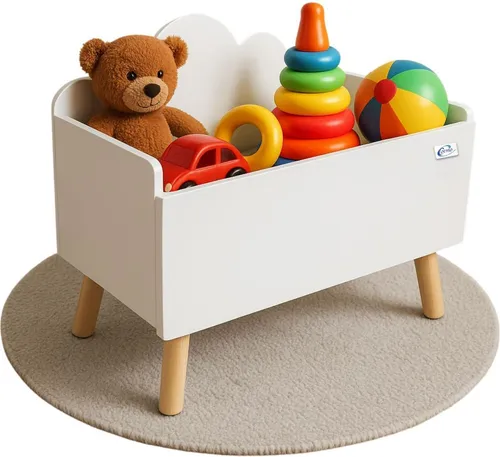 Coemo Aufbewahrungskiste LILO, offene Truhe aus Holz - Kommode für das Kinderzimmer mit Wolkenmotiv, bietet viel Stauraum und fördert selbstständiges Aufräumen. Robuste MDF-Konstruktion mit abgerundeten Kanten für Sicherheit.