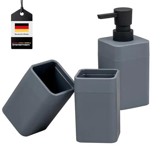 bremermann Badezimmer-Set Savona mit Soft-Touch Oberfläche, eckiges Bad-Accessoires Set 3tlg. aus 1x Seifenspender und 2X Becher, für Badezimmer, Gäste-WC und Küche aus schwarzem Kunststoff (Grau)
