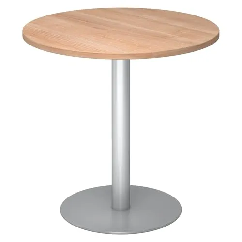 bümö Besprechungstisch Rund 80 cm - Nussbaum Esstisch für 2 Personen - Kleiner Besprechungstisch mit stabiler 2,5 cm starker Holzplatte und massiver Säule in Silber. Perfekt für Konferenzen oder als Bistrotisch. Top-Qualität für den professionellen Einsatz.