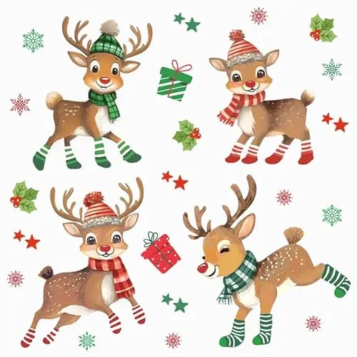Servietten Weihnachten Verspielter Rudolph als Tischdeko. Papierservietten mit Motiv für Winter mit Rentier Hirsch für Kidner und Erwachsene. Auch für Decoupage und Serviettentechnik 33x33cm 20