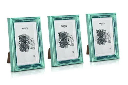Shabby Chic Bilderrahmen 13x18 cm - 3er Set - Glasfront - mit Passepartout für 10x15 Fotos - 2 cm Rahmenbreite - Echtholz - Türkis Silber