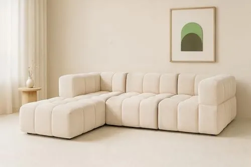DMSM Modulares Ecksofa, Beige, Frotte Bouckle Stoff, L-förmig, 282x185x70 cm, Gesteppte Polsterung, Modern, Clixi, für Wohnzimmer, mit Eckliege, Ecksessel und Sessel