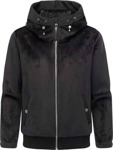 Ragwear Damen warme Übergangsjacke kurze Cord-Jacke aus kuscheligem Rippstrickoptik-Material in Samt-Haptik Plüschjacke mit Fleece-Innenfutter und Kapuze Cousy Short Bonded Black Gr. M