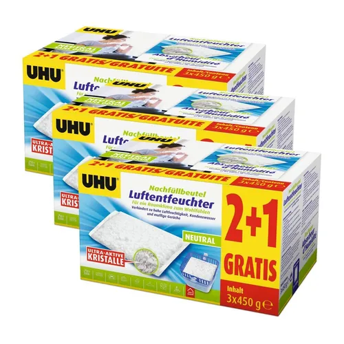 UHU Original Luftentfeuchter Nachfüllbeutel 3x450g - Effektiver Nachfüllbeutel für den UHU Luftentfeuchter. Reduziert Feuchtigkeit und unangenehme Gerüche in Räumen bis 45m³, ideal für Keller, Wohnmobile und Schränke. Einfach nachfüllbar und lautlos im Betrieb.