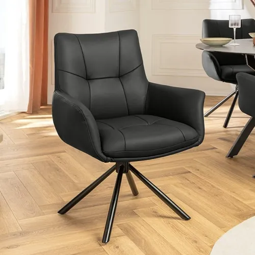 Drehbarer 360° Echtleder Stuhl SIGN in Schwarz mit Federkern - Stylischer Esszimmerstuhl mit drehbarer Funktion, gepolstertem Echtlederbezug und stabilen Metallgestell. Ideal für ein modernes Ambiente in jedem Raum.