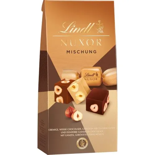 Lindt Schokolade | NUXOR Mischung, 113g Beutel, Geschenk | ca. 9 Würfel, ganze Haselnüsse, Vollmilch, Dunkle, Weiße Gianduja-Schokolade, zum Teilen & Verschenken, Genussmomente
