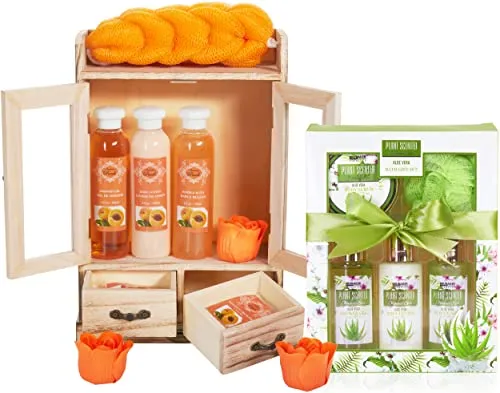 BRUBAKER 2 in 1 Pflegeset Pfirsich & Aloe Vera - 15-teiliges Wellness Set für Damen - Entspanne mit unserem 15-teiligen Beauty Set in einem eleganten Holzschrank. Die Kombination aus Duschgel, Schaumbad und Badesalz sorgt für ein luxuriöses Pflegeerlebnis. Perfekt als Geschenk für jeden Anlass!