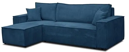 VENASI HUGO Ecksofa Cord Blau - Ecksofa mit Schlaffunktion und Bettkasten, ideal für kleine Räume. Komfortable Umwandlung in ein Bett (125x200 cm) und praktischer Stauraum für Bettwäsche.