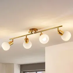Lindby Deckenleuchte Elaina, dimmbar, 4-flammig, Metall & Glas - Lampen, dimmbare Deckenleuchte für wohnlichen Lichtschein, ideal für verschiedene Wohnräume, elegante Kombination aus messing und opalweiß.