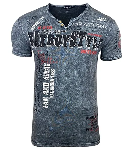 Baxboy Herren Rundhals Tee Regular Slim Fit O Neck Ausschnitt Vintage T-Shirt Kurzarm Design Fashion Top Print Shirt B-148, Farbe:Anthrazit, Größe:XXL