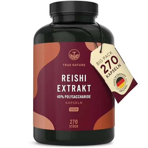Reishi Pilz-Extrakt – 270 Kapseln (670 mg) – Hochdosiert: 20.100 mg/Tag – Premium-Extrakt, 40% Polysaccharide – 3 Monate Vorrat – Ganoderma lucidum – Vegan, deutsche Produktion – TRUE NATURE®