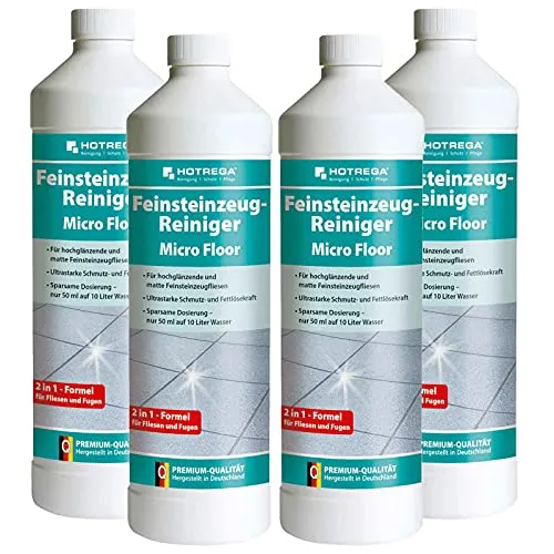HOTREGA® Feinsteinzeug Reiniger MicroFloor - 1L Fussbodenreiniger für polierte Fliesen - Bodenreiniger für Feinsteinzeug und Keramik, mit extrem starker Schmutz- und Fettlösekraft. Ideal für gründliche Reinigung und Schutz vor Neuverschmutzung.