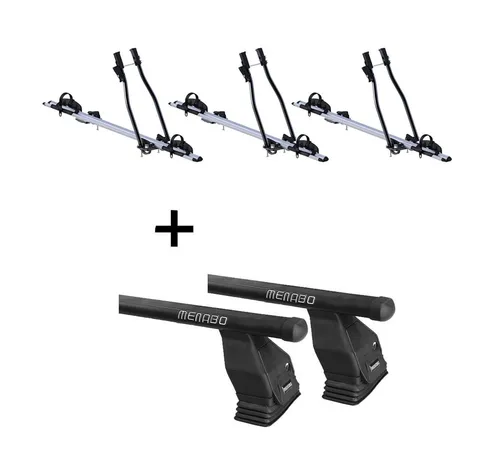 Fahrradhalter SAGITTAR & Menabo Tema für Fiat Fiorino - 3x Fahrradträger SAGITTAR und Stahl Dachträger Menabo Tema, ideal für den sicheren Transport von Fahrrädern auf dem Hochdachkombi Fiat Fiorino ab 2008. Einfache Montage und abschließbar.