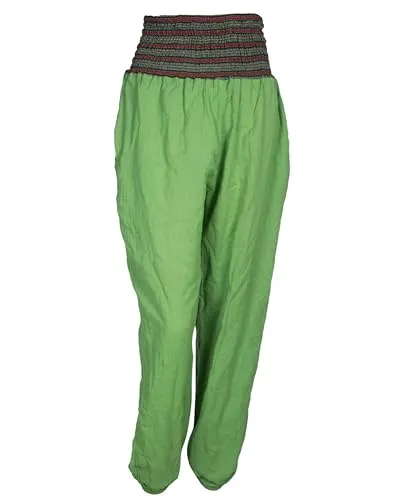 Vishes Damen Chino Haremshose - Leichte, bequeme Pumphose in Hellgrün - Die 103 cm lange Haremshose in Größe 36-44 bietet höchsten Tragekomfort mit zwei Seitentaschen. Perfekt für warme Tage, aus atmungsaktiver Baumwolle mit traditionell gefärbten Fäden für einen einzigartigen Look.