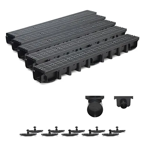 5m Entwässerungsrinne für modulares System A15 98mm, komplett Stegrost Kunststoff, Schwarz Line