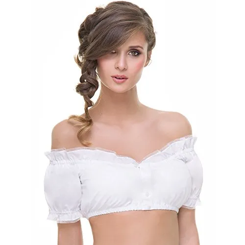 Almbock Dirndlbluse weiß schulterfrei - Dirndl Bluse schulterfrei mit dezenter Organzaborte an Ausschnitt und Dekolleté - Dirndlbluse Carmen Oktoberfest 34 - Modell B215