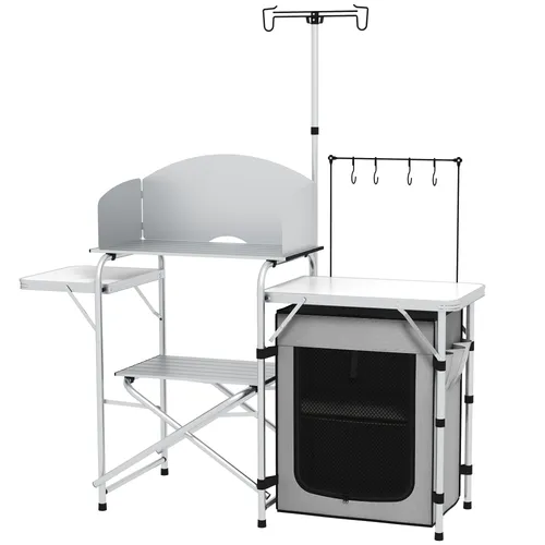Campingküche, faltbar, 3 Arbeitsplatten, Windschutz, Stoffschrank, 144x48x119cm, Silber