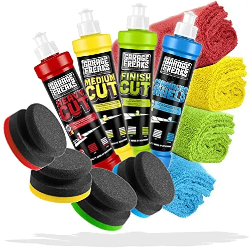 Garage Freaks Handpolitur Set Komplettpaket: Heavy Cut + Medium 250ml + Finish + Protection Carnauba Shield 250ml + 4X Polierschwamm + 4X Mikrofaser Poliertücher 40x40cm 550GSM