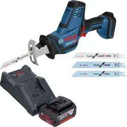 Bosch GSA 18V-LI C Professional Akku Säbelsäge mit 4,0 Ah Akku - Leistungsstarke Akku-Säbelsäge für Holz, Kunststoff und Metall. Kompakt und ideal für Einhand- und Überkopfarbeiten, mit werkzeuglosem Sägeblattwechsel und variablen Geschwindigkeitsregler.