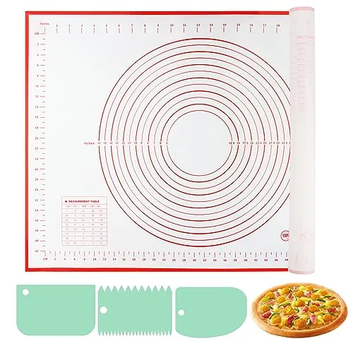VFANDV Silikon Backmatte, 70 x 50 cm Backunterlage Silikon, Backpapier Arbeitsmatte mit Messung, Rutschfeste Backunterlage Antihafte Backmatte mit Teigschneider für Plätzchen, Pizza Teig (rot)