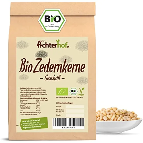 Zedernkerne geschält Bio 100g | geschälte, ganze Zedernnüsse in Bio-Qualität | intensiver, nussiger Geschmack | ideal als Snack oder zur Zugabe in Smoothies, Pestos, Salaten | vom Achterhof