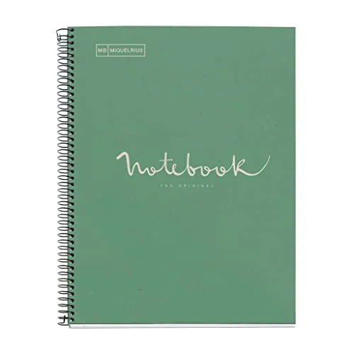 Miquelrius - Recycelter Spiralblock A4 - 80 Blatt 80 g - Linien 7 mm - 1 farbiger Streifen - Recyceltes Karton-Hardcover - Farbe Mintgrün, Ã–ko-Optik