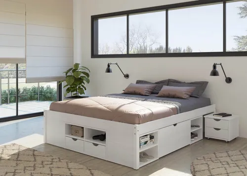 Inter Link Funktionsbett Till 180x200 aus Massivholz - Betten mit viel Stauraum dank 10 Schubladen und ausziehbarer Nachtkommode, modernes Design in Weiß, ideal für Ordnung im Schlafzimmer.