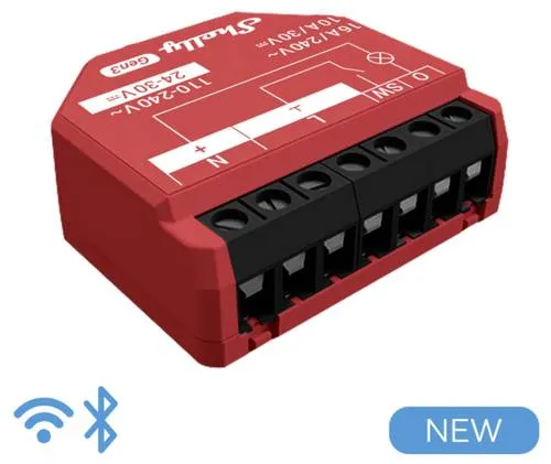 Shelly 1PM Gen3 - WLAN Smart Relais Schalter - Heimautomatisierungsgerät mit Strommessung, 16A Leistung und einfacher Steuerung via App oder Sprachassistenten. Ideal für effiziente Nutzung von Lichtern und Heizungen.
