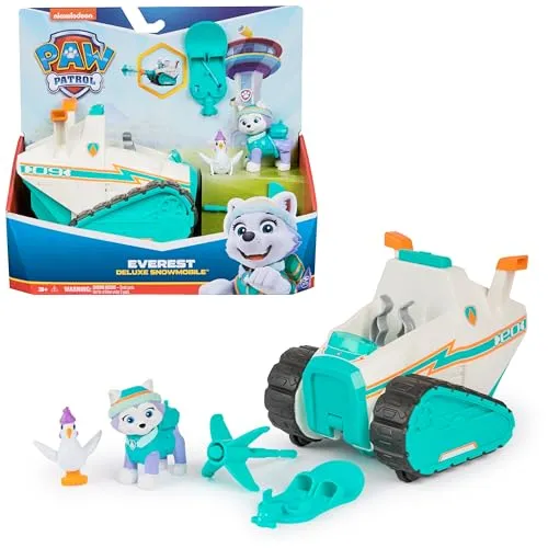 PAW PATROL Schneemobil mit Everest-Figur - Deluxe Fahrzeug für Kinder ab 3 Jahren, inklusive Snowboard und Huhn Henrietta für spannende Rettungsmissionen