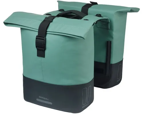 BASIL Cove MIK Gepäckträger-Fahrradtasche, silbergrün/schwarz - Stylische Doppeltasche für den täglichen Einsatz. Mit 28-32 Litern Volumen, wasserabweisendem Faltverschluss und einfacher Befestigung durch MIK-Adapterplatte. Ideal für Einkäufe oder Ausflüge.