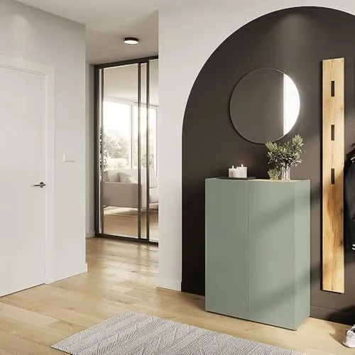 Lomadox Garderobe Flurgarderobe in grün mit Eiche 3-teilig Schuhschrank 74 cm breite grifflos Spiegel rund Paneel 3 Kleiderhaken