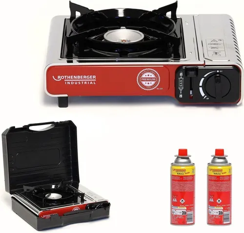 Rothenberger Campingkocher Premium RS 220 - Campingkocher mit Piezo-Zündung und Tragekoffer, ideal für Outdoor-Abenteuer und einfach zu transportieren.