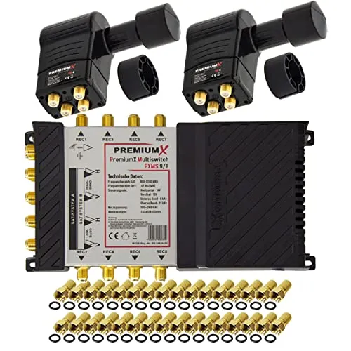 Premium X Multischalter Set 9/8 mit 2x Rocket Quattro LNB - Multischalter für 8 Teilnehmer, ideal zur Verteilung von 2 Satelliten auf 8 TV-Geräte. Hohe Frequenzstabilität und flexibles Design für verschiedene Satellitenpositionen.