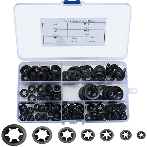 Ewwtrey 340 Stück Sicherungsscheiben, Unterlegscheiben, Innenzahn Schnellverschluss Haltering Snap Sicherungsring Sortiment Kit - Schwarz, M3, M4/M5/M6/M8/M10/M12