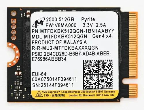 Micron 2500 512 GB NVMe M.2 SSD - Internes Solid State Drive mit 512 GB, PCIe 4.0 und 3D QLC NAND-Technologie für hohe Geschwindigkeit und Datensicherheit durch Hardwareverschlüsselung.