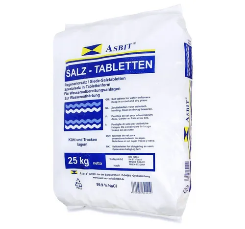 ASBIT Regeneriersalz Tabletten 25kg – Universell einsetzbar - Hochwertiges Regeneriersalz zur Wasserenthärtung, sorgt für optimale Leistung Ihrer Geräte. Praktische 25kg PE-Sack Verpackung, ideal für trockene Lagerung.