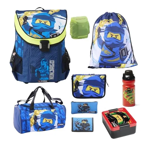 Familando Ninjago Schulranzen Set Jungen – Ergonomisch und leicht - Schultaschen-Set für die 1. Klasse mit 9 Teilen, inklusive Sporttasche und Regenschutz. Ergonomischer Schnitt und nur 790g für optimalen Tragekomfort, ideal für zierliche Kinder.