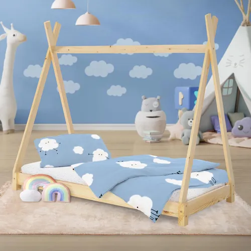 ML-Design Kinderbett Tipi 80 x 160 cm - Betten: Kreatives Tipi-Design aus massivem Kiefernholz für Kinder von 3 bis 9 Jahren, bietet sicheren und gemütlichen Schlafplatz sowie Spielmöglichkeiten.