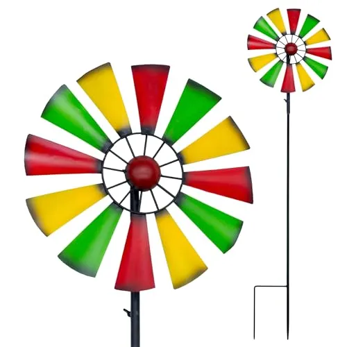 Buntes Metall Windrad mit Erdspieß - Wetterfestes Gartenstecker Windspiel - Windspiele für Garten und Terrasse, wetterfest und langlebig, mit lebhaften Farben und stabilem Erdspieß für sicheren Halt.
