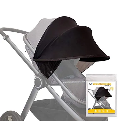 O³ Kinderwagen Sonnenschutz Universal - Sonnenschutz für Kinderwagen mit UV-Schutz 40+, passt sich flexibel an verschiedene Modelle an und sorgt für optimale Belüftung und Schutz vor Hitze.