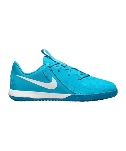 Nike Performance IN Kids Kinder Fußballschuh blau 35 EU - Leichter und atmungsaktiver Fußballschuh für Kinder, ideal für den Indoor-Einsatz. Größe 35, in blau-weiß, mit asymmetrischem Verschluss für optimalen Halt.