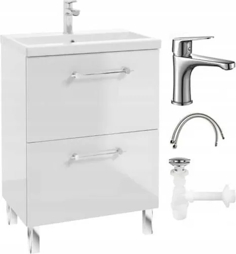 Badezimmerschrank mit Waschtischarmatur und Siphon 60x80cm Standing Cassandra glänzend weiß