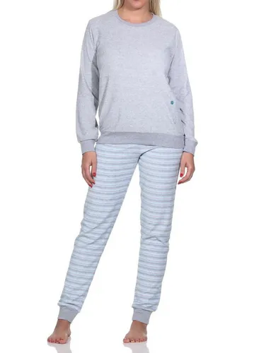 Normann Pyjama Damen Frottee Schlafanzug lang mit Bündchen und floraler Applikation