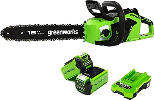 Greenworks 40V Akku Kettensäge 40cm GD40CS18K2X - Kettensäge mit 40 cm Schwert, 2x2Ah Lithium-Ionen Batterien und Ladegerät. Ideal für geräuscharmes Arbeiten im Garten dank Antivibrationsgriff und automatischem Kettenöler.