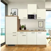 Flex-Well Exclusiv Küchenzeile Vintea 210 cm Magnolia-Lancelot Oak - Einbauküche mit flexibler Montage und hochwertigen, pflegeleichten Materialien. Ideal für kleine Wohnungen, mit integriertem Kühlschrank, Cerankochfeld und Mikrowelle für höchsten Komfort.