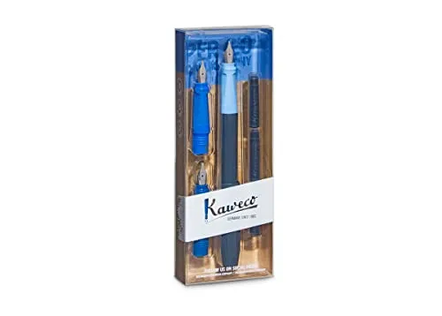 Kaweco Perkeo Kalligraphie Set Blau - Kalligraphie-Stifte mit ergonomischem Griffstück, inklusive 3 Federstärken (1,1mm, 1,5mm, 1,9mm) und 3 Tintenpatronen in Perlenschwarz.