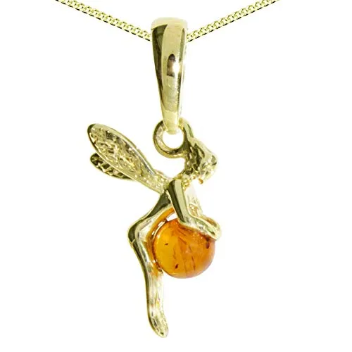 Kette mit Anhänger - Elfe aus Silber 925, vergoldet mit Bernstein - Elegante Damenkette mit bezauberndem Elfen-Anhänger aus vergoldetem Silber 925 und echtem Bernstein, perfekt für besondere Anlässe.