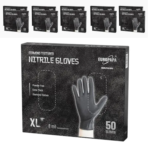 EUROPAPA® 500 Stück Nitrilhandschuhe DiamantGrip (XL, Schwarz) - Extra dicke Einweghandschuhe für zuverlässigen Schutz bei anspruchsvollen Arbeiten. Die diamanttexturierte Oberfläche sorgt für einen sicheren Griff und reduziert das Schwitzen der Hände. Ideal für Bau, Industrie und Gastronomie.